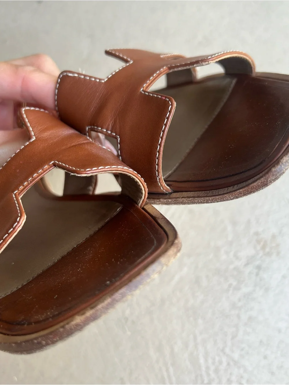 Hermes Brown Leather H-Cut Slide Sandals